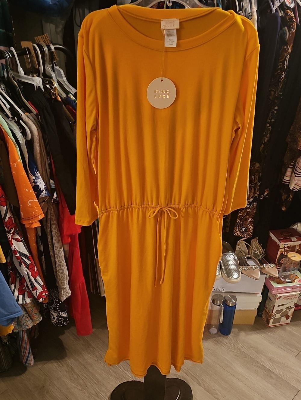 Mustard Yellow Drawstring Midi Dress